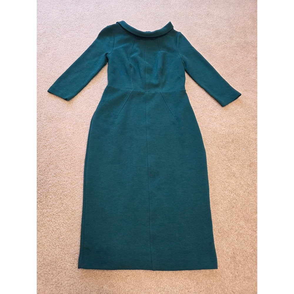 Boden Textured Teal Green Portrait Collar Midi Sheath Dress Gold Back Zip 3/4 6 - Picture 4 of 13